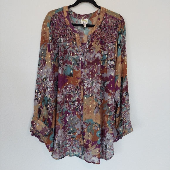 Fig & Flower Floral Button Down Multiprint Long Sleeve Blouse Size 3X - Picture 1 of 5